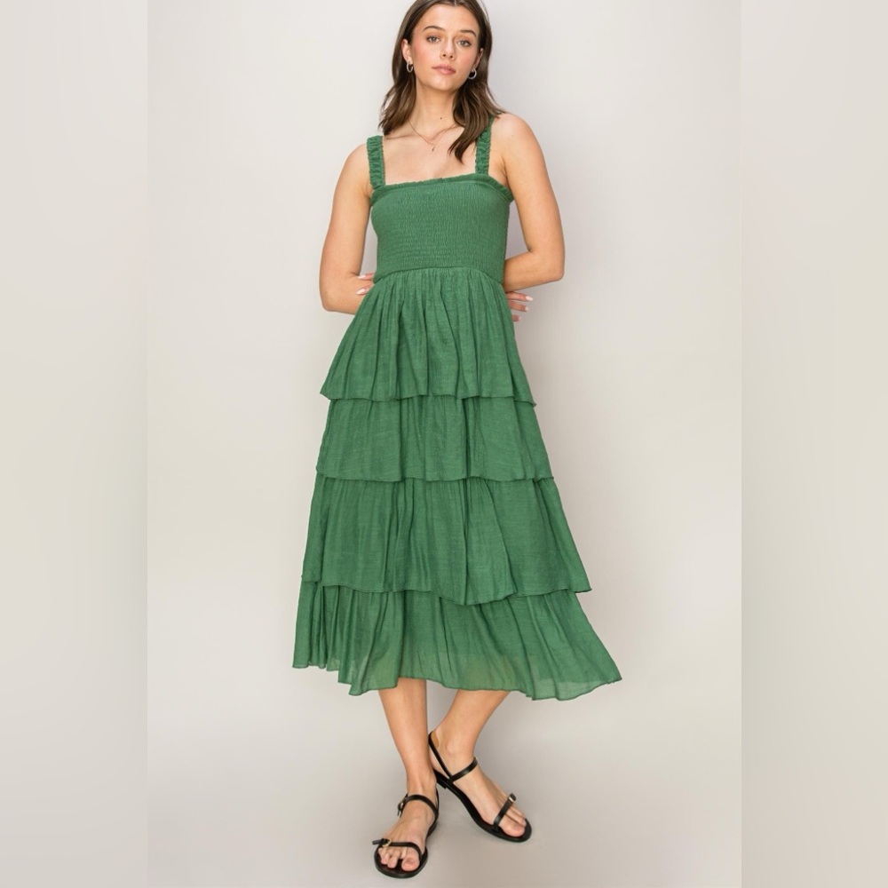 257. Layered Smoked Ruffled Midi Dress in Green